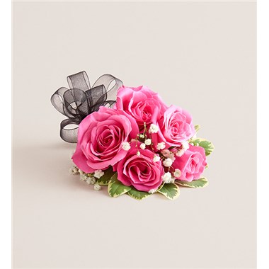 Hot Pink Spray Rose Corsage-Black Bow